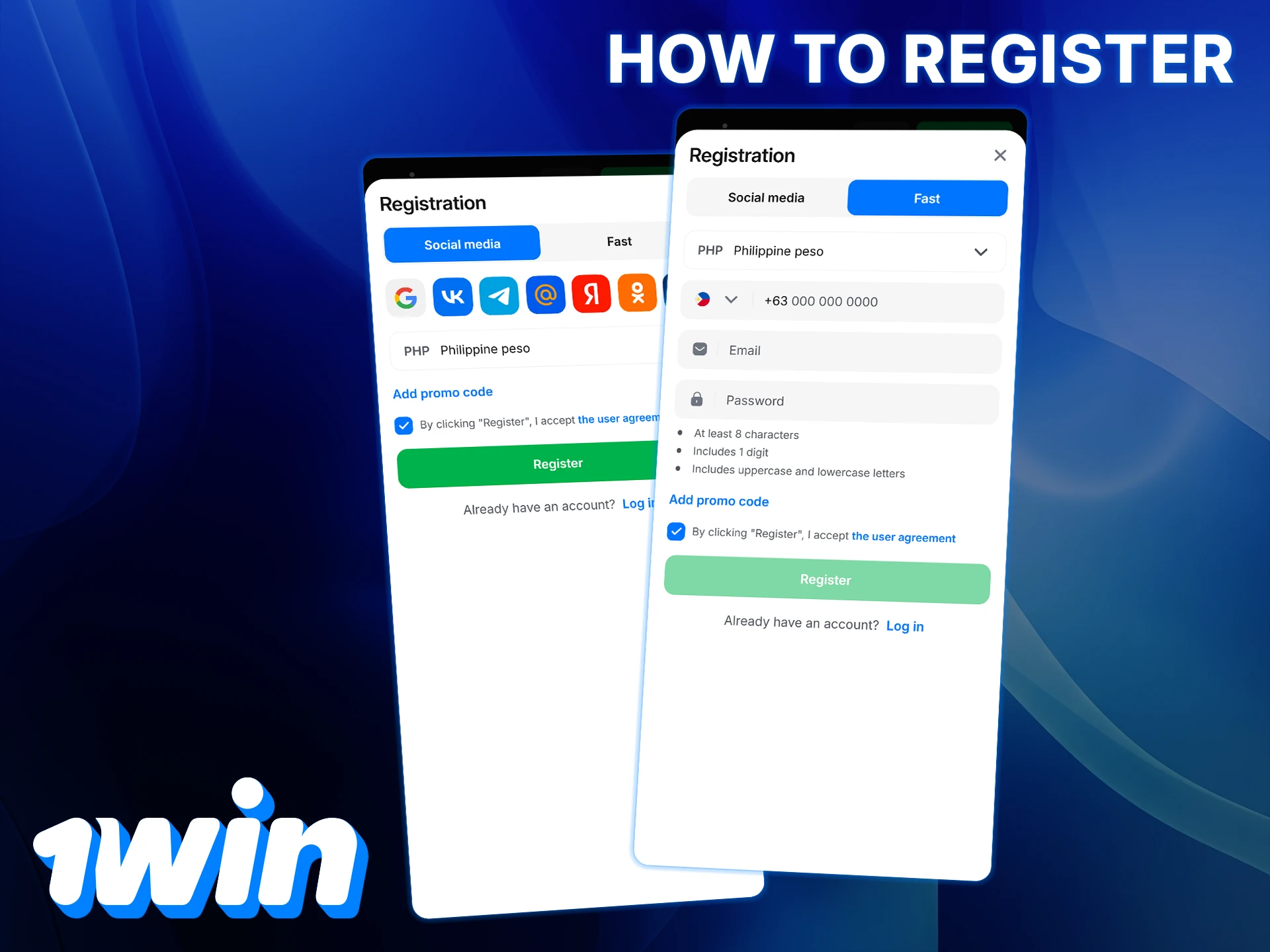 Follow the instructions to create an account directly in the 1Win app.