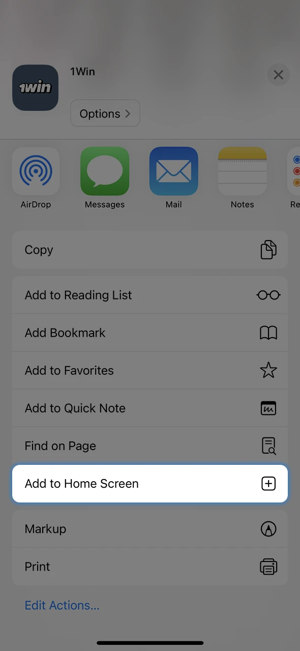 Click the button to begin installing the 1Win app for iOS.