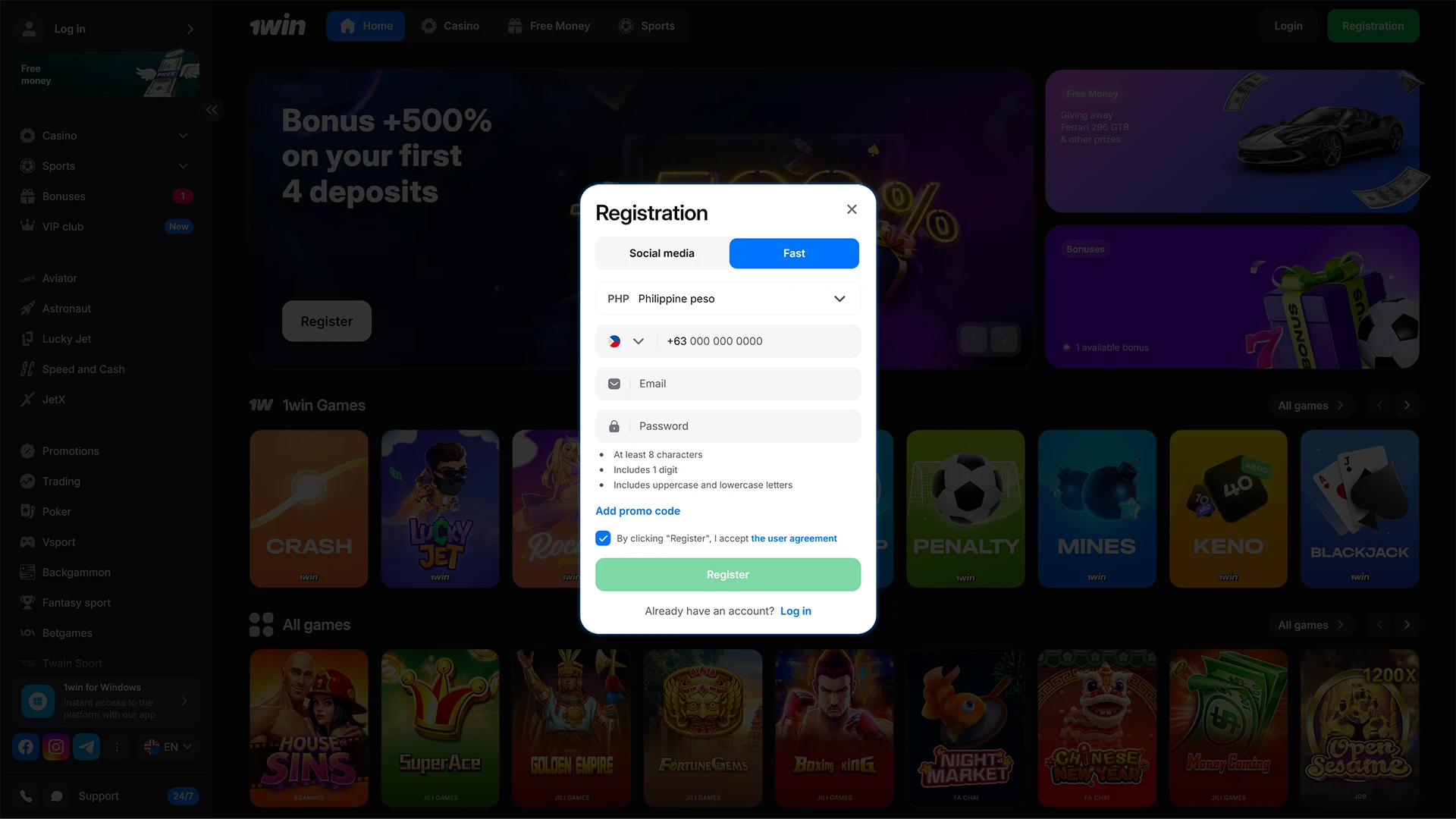Create a 1Win account or log in to your existing one.