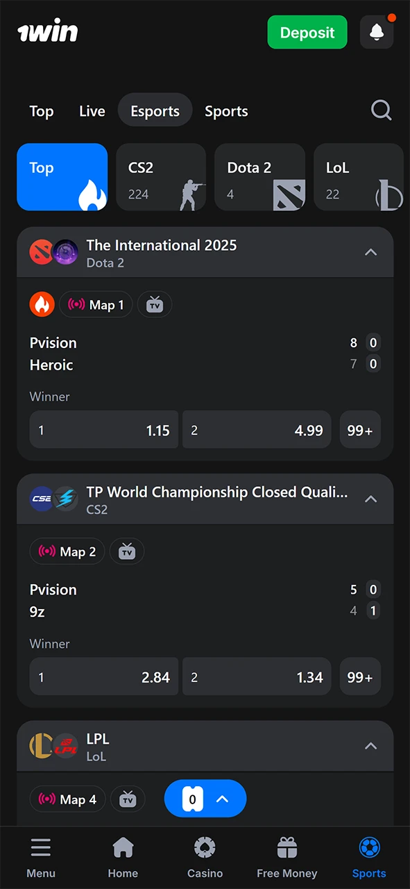 Select an esports event on 1Win and place your bet.