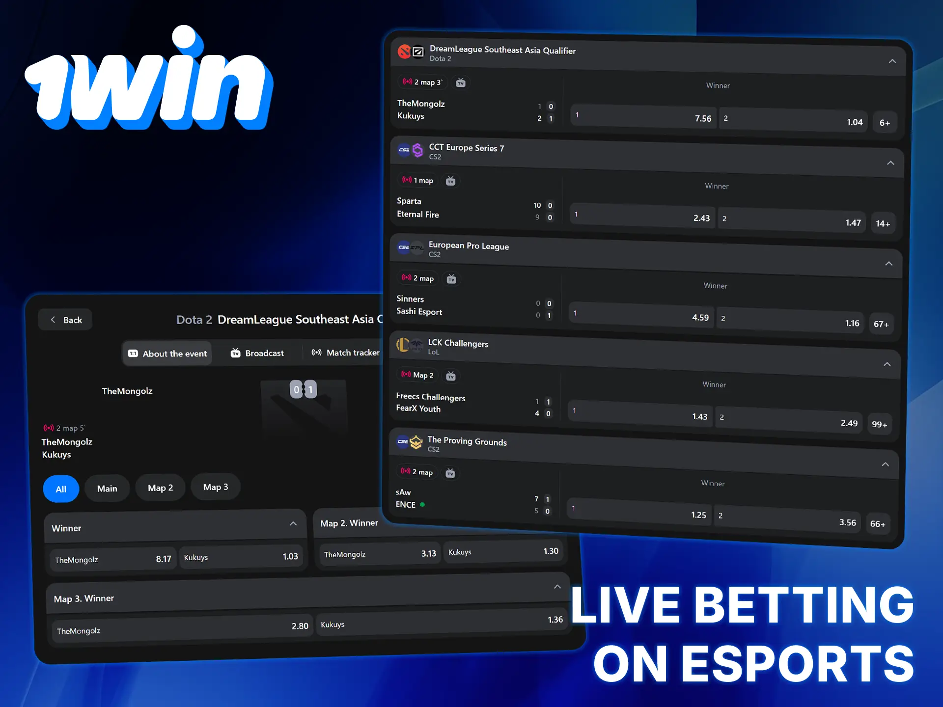 Enjoy live esports betting at 1Win with real-time odds and statistics.