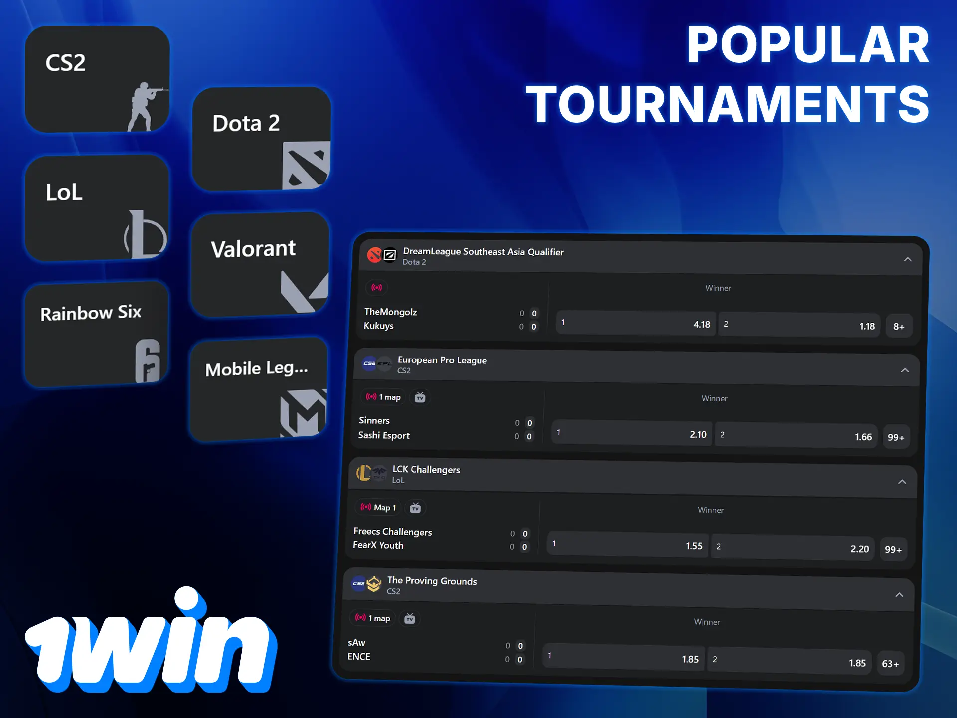 1Win offers betting on major eSports tournaments.