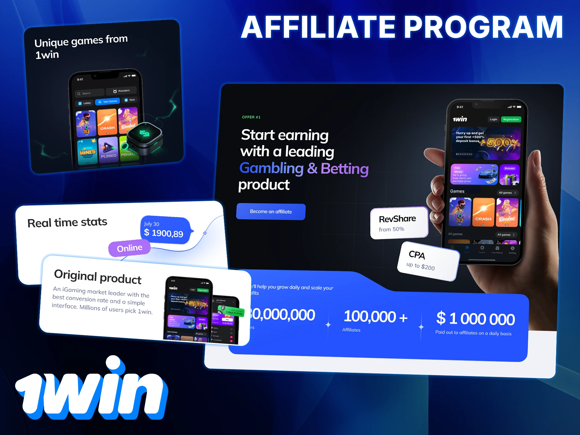 Join the 1Win affiliate program and receive a share of the revenue.