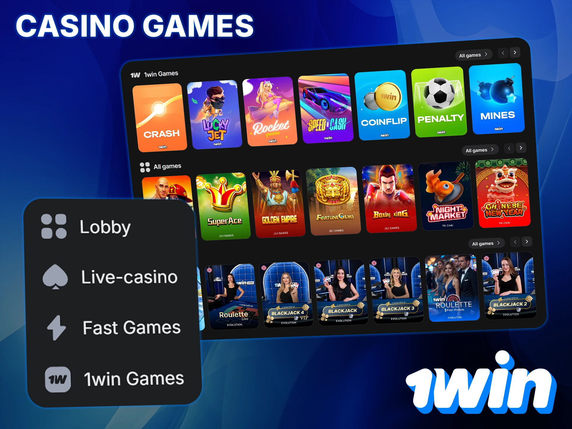 1Win offers a wide range of casino games from leading providers.
