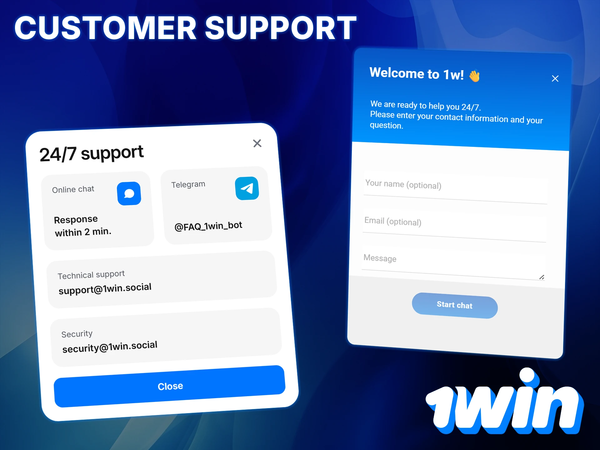 Contact 1Win customer support around the clock via online chat or email.