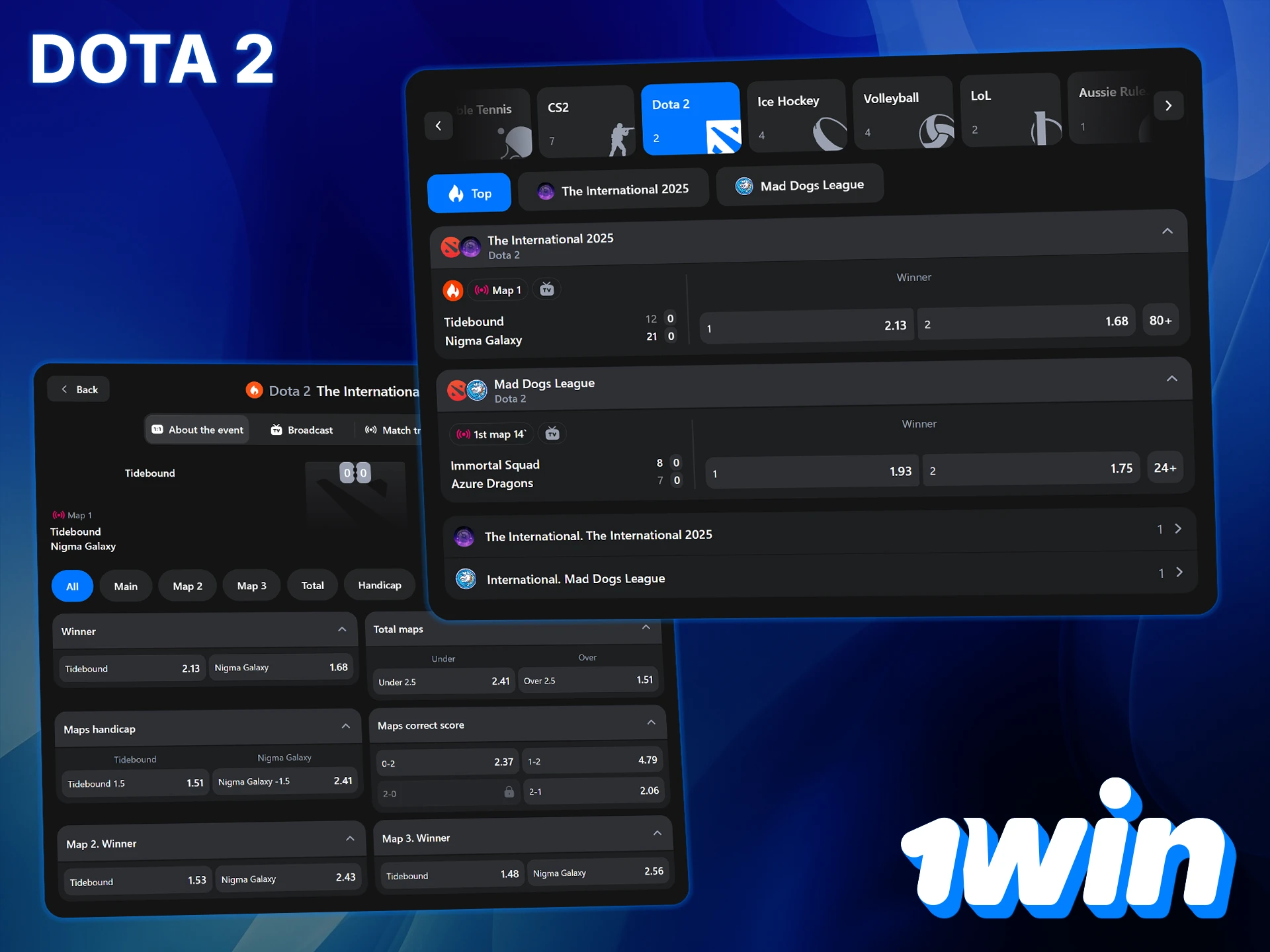Place bets on major Dota 2 tournaments at 1Win.