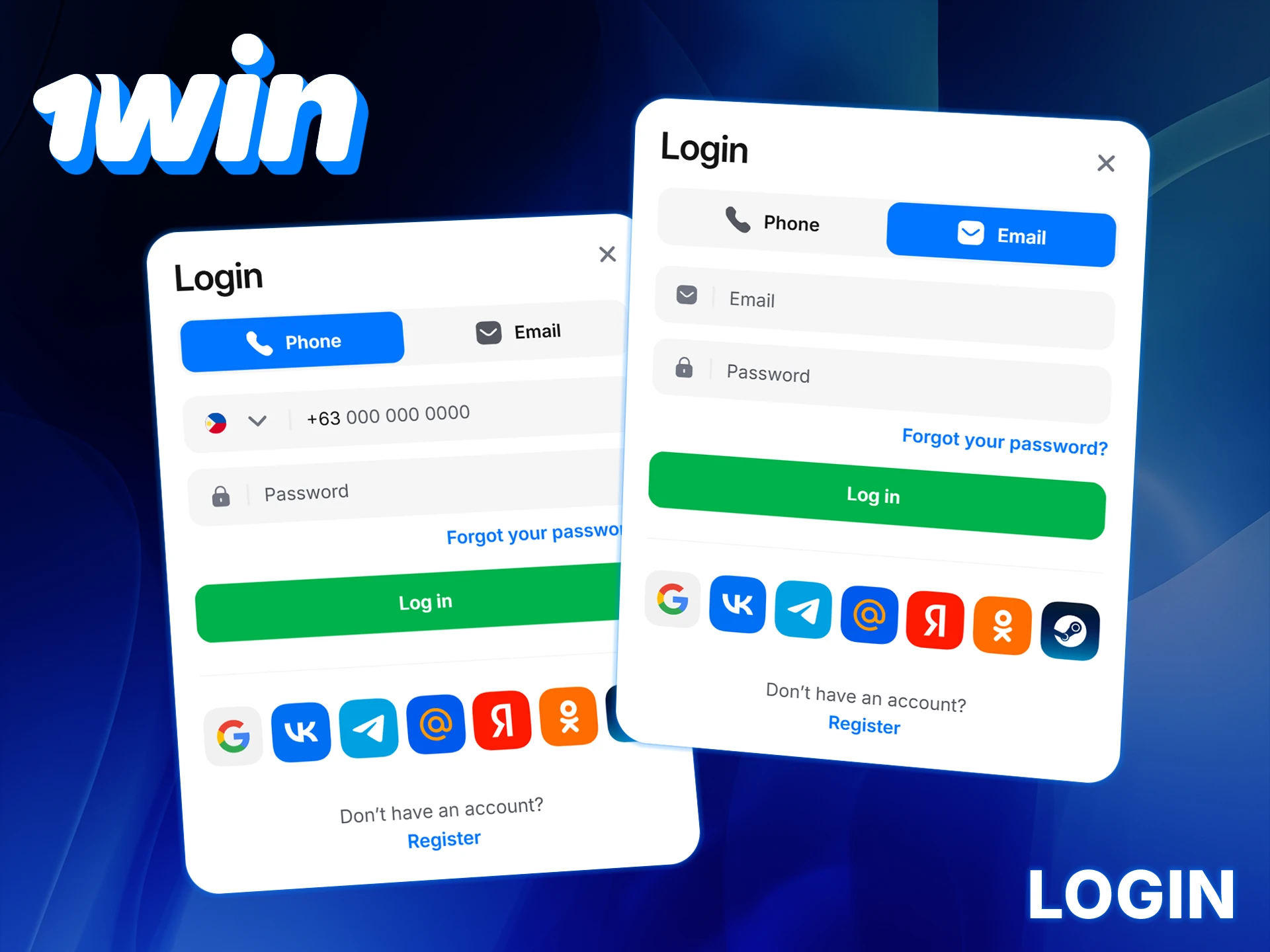 Easily log in to your 1Win account with your email or phone and password.