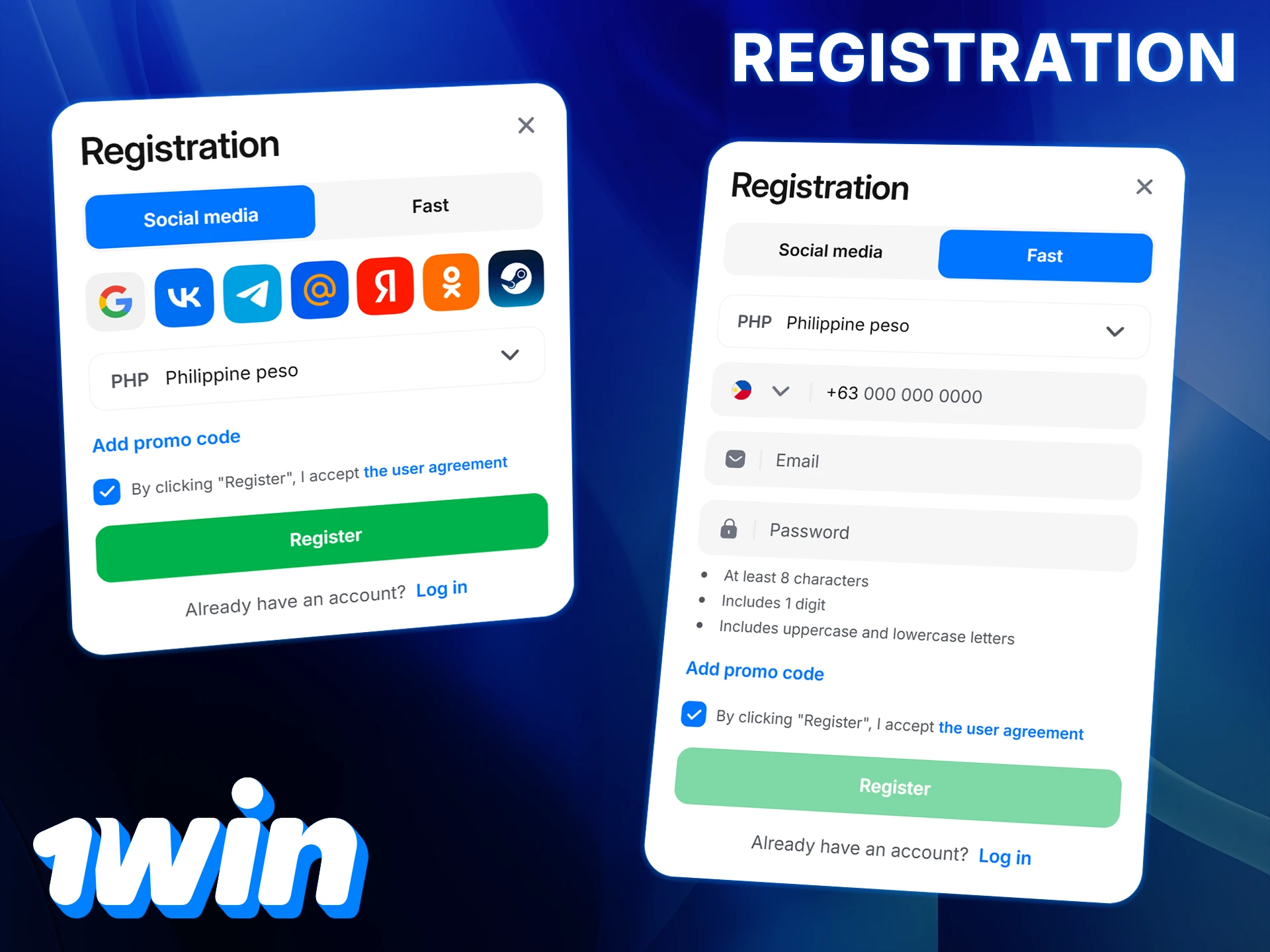 Create a 1Win account by registering via social media or filling out a quick form.