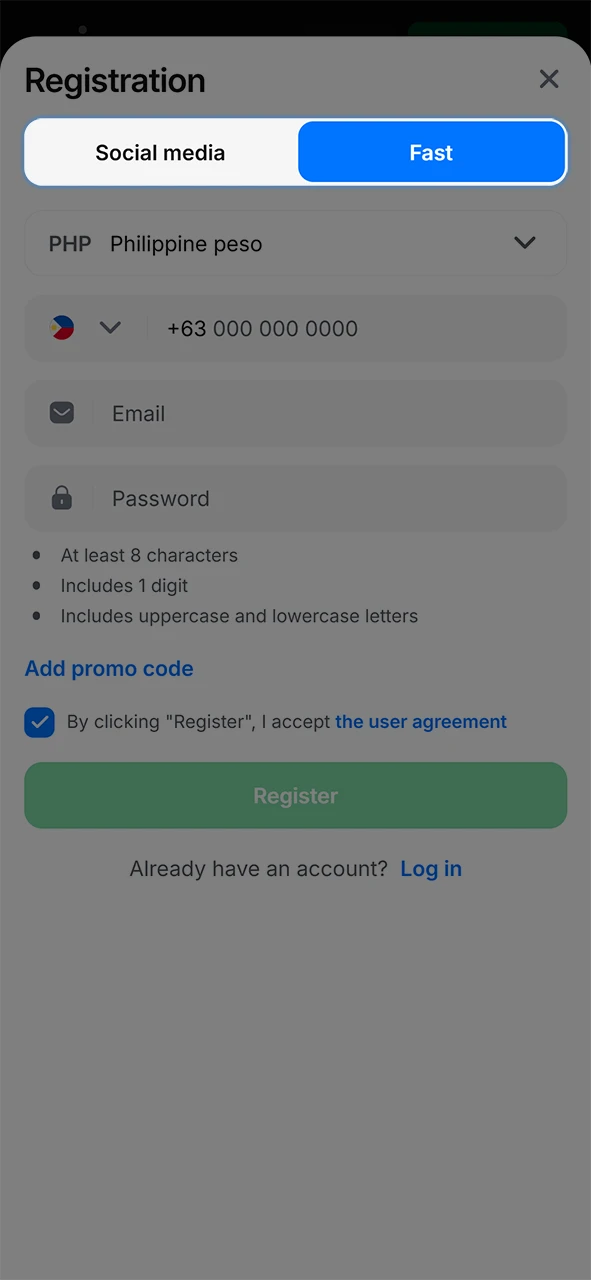 Select a convenient registration method on 1Win.