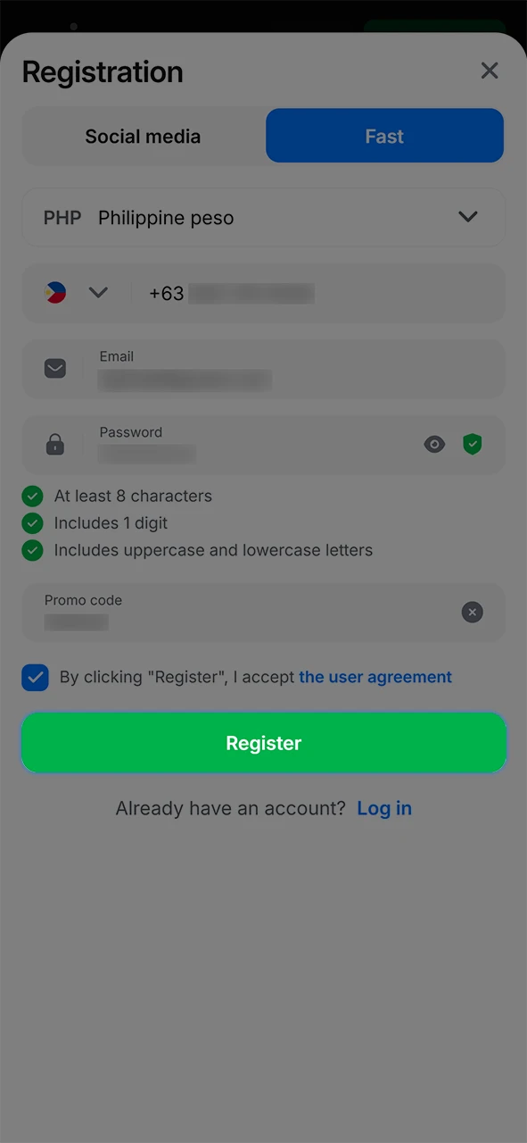 Agree to the 1Win rules and complete the account creation process.