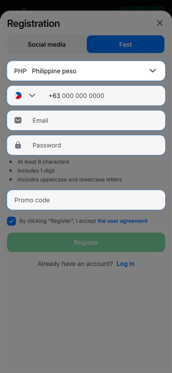 Fill in the information required to register with 1Win.