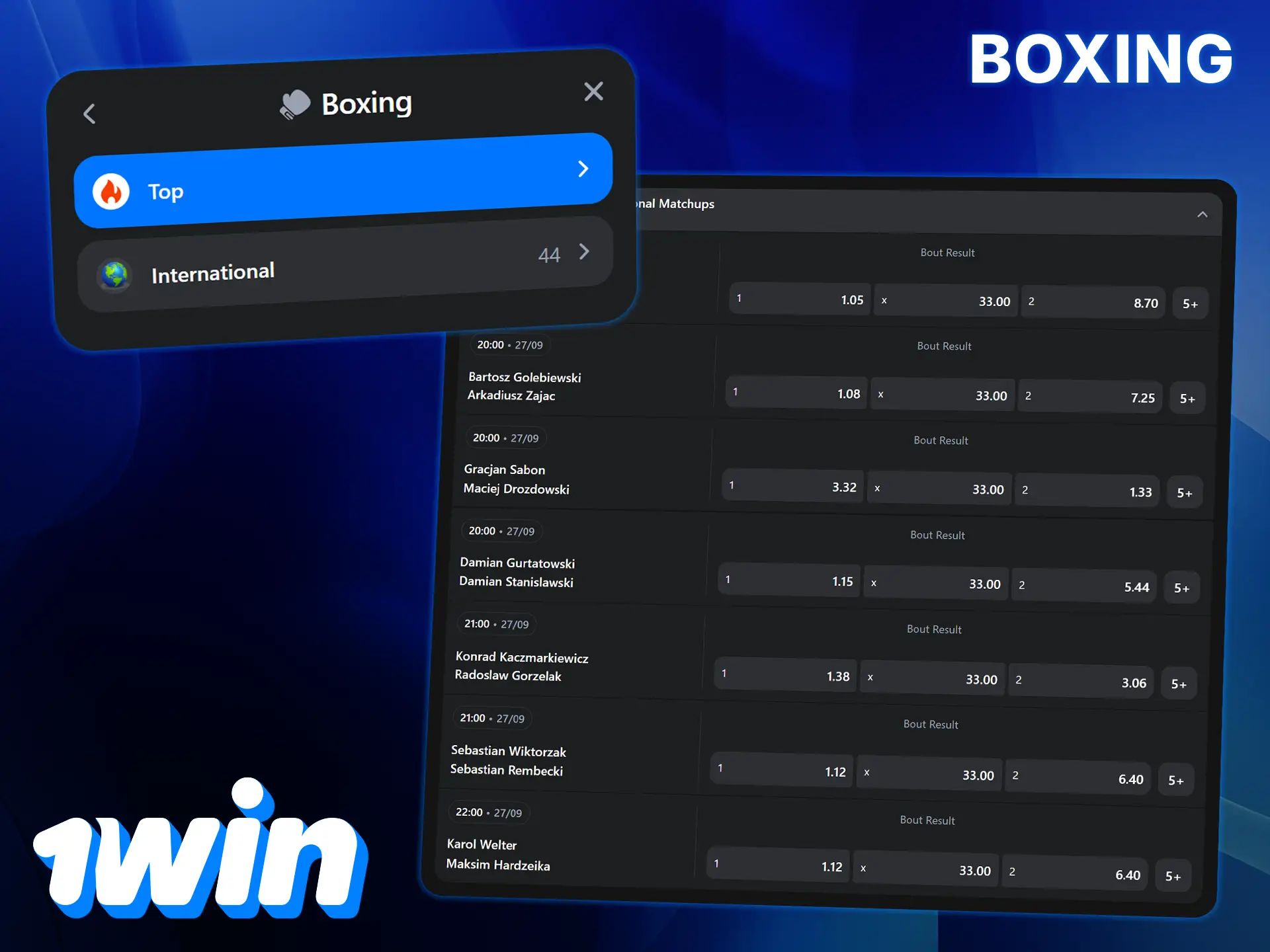 1Win offers betting on a wide range of boxing matches and leagues.