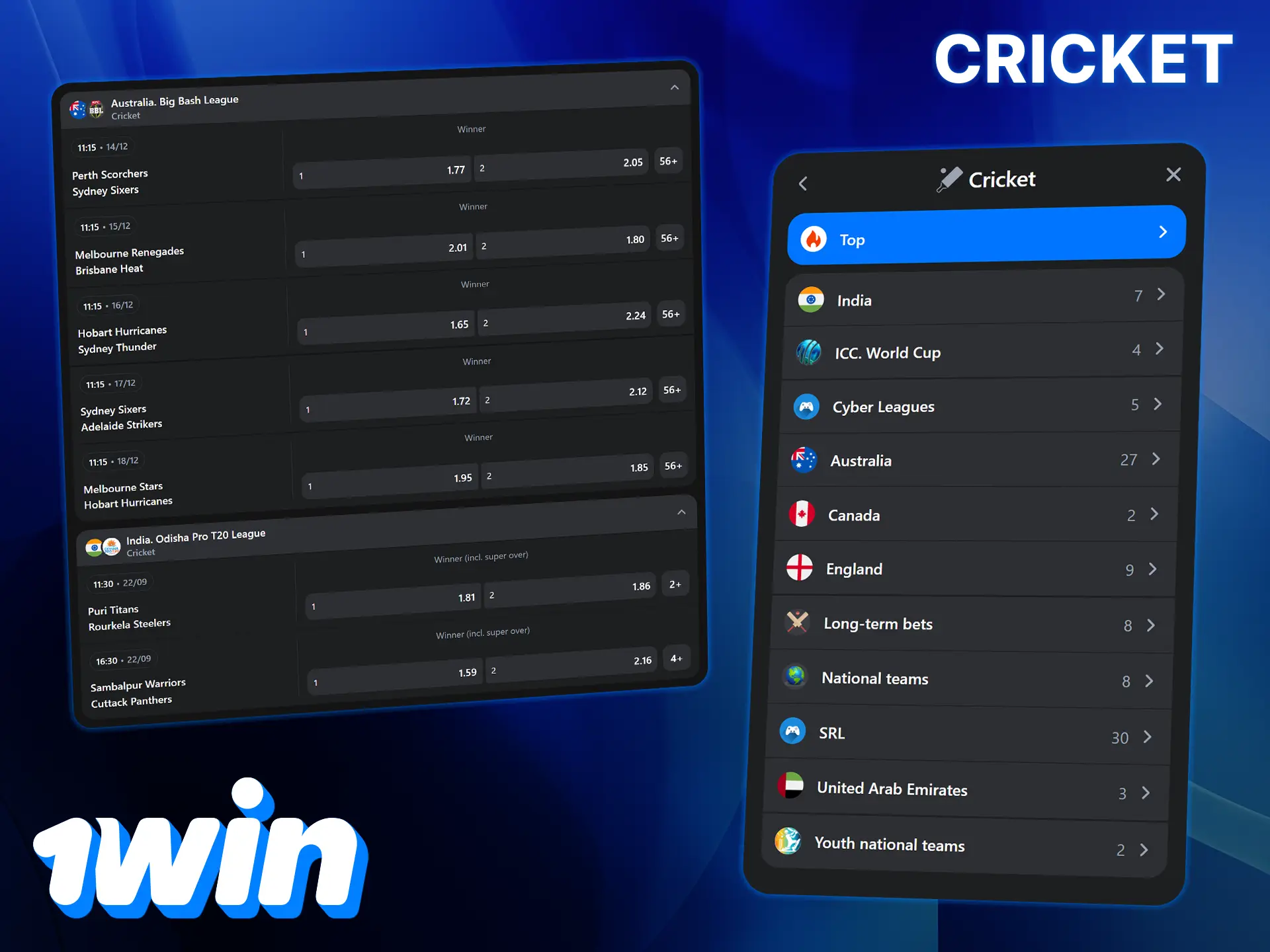 Cricket is one of the most popular types of bets on 1Win.