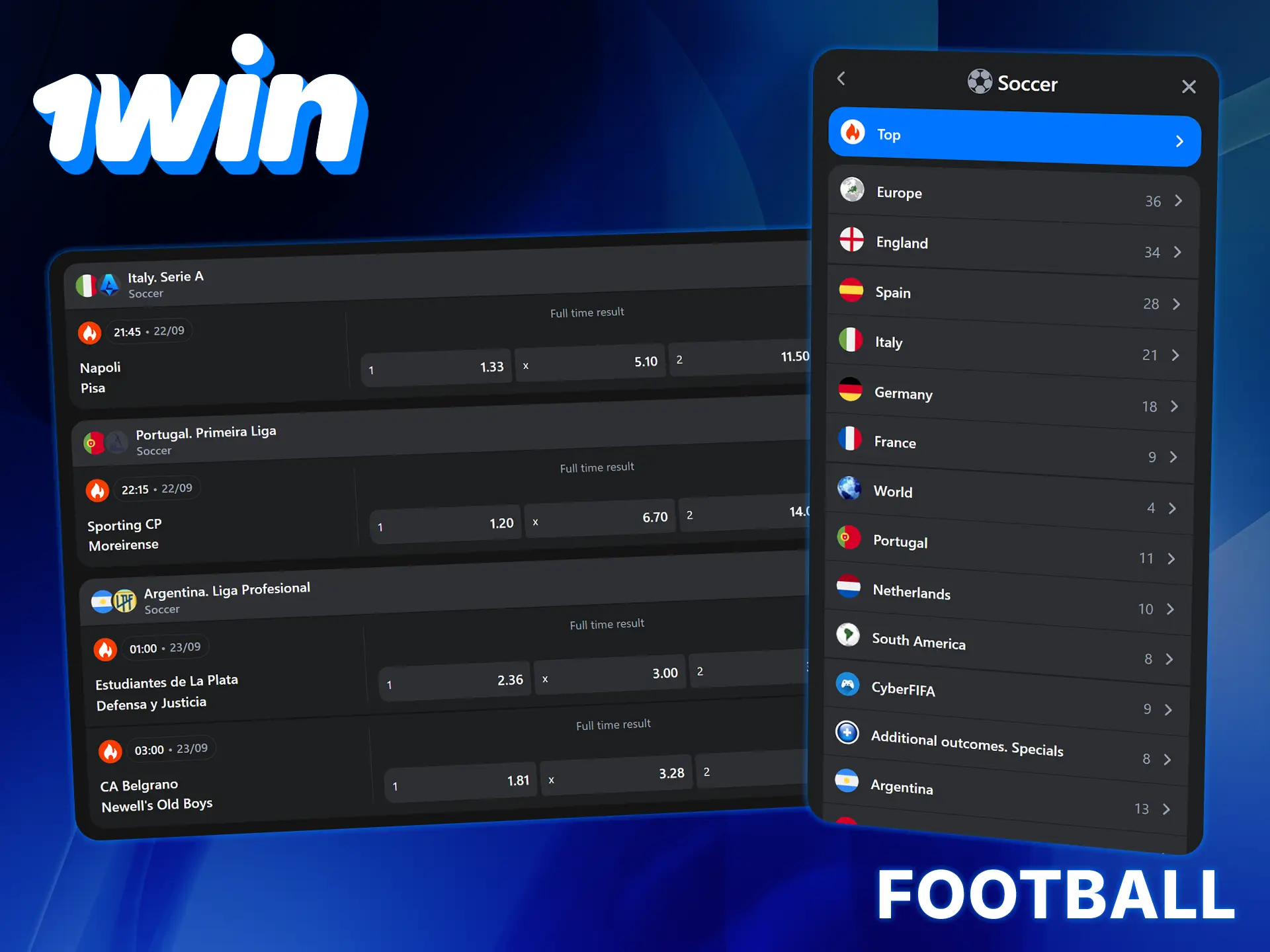 1Win covers a wide range of football leagues, including the most popular events.