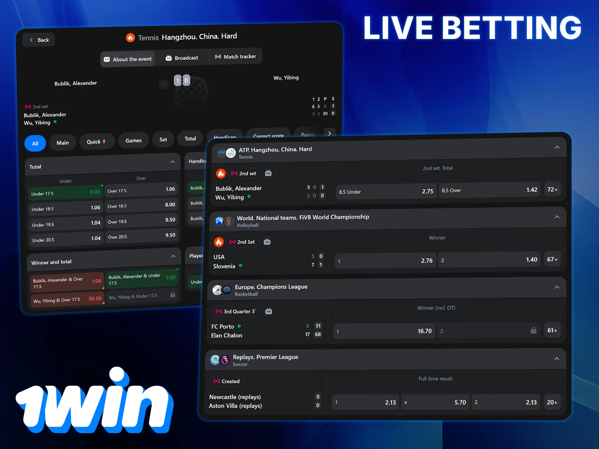 Place your bets in real time with live odds and broadcasts on 1Win.