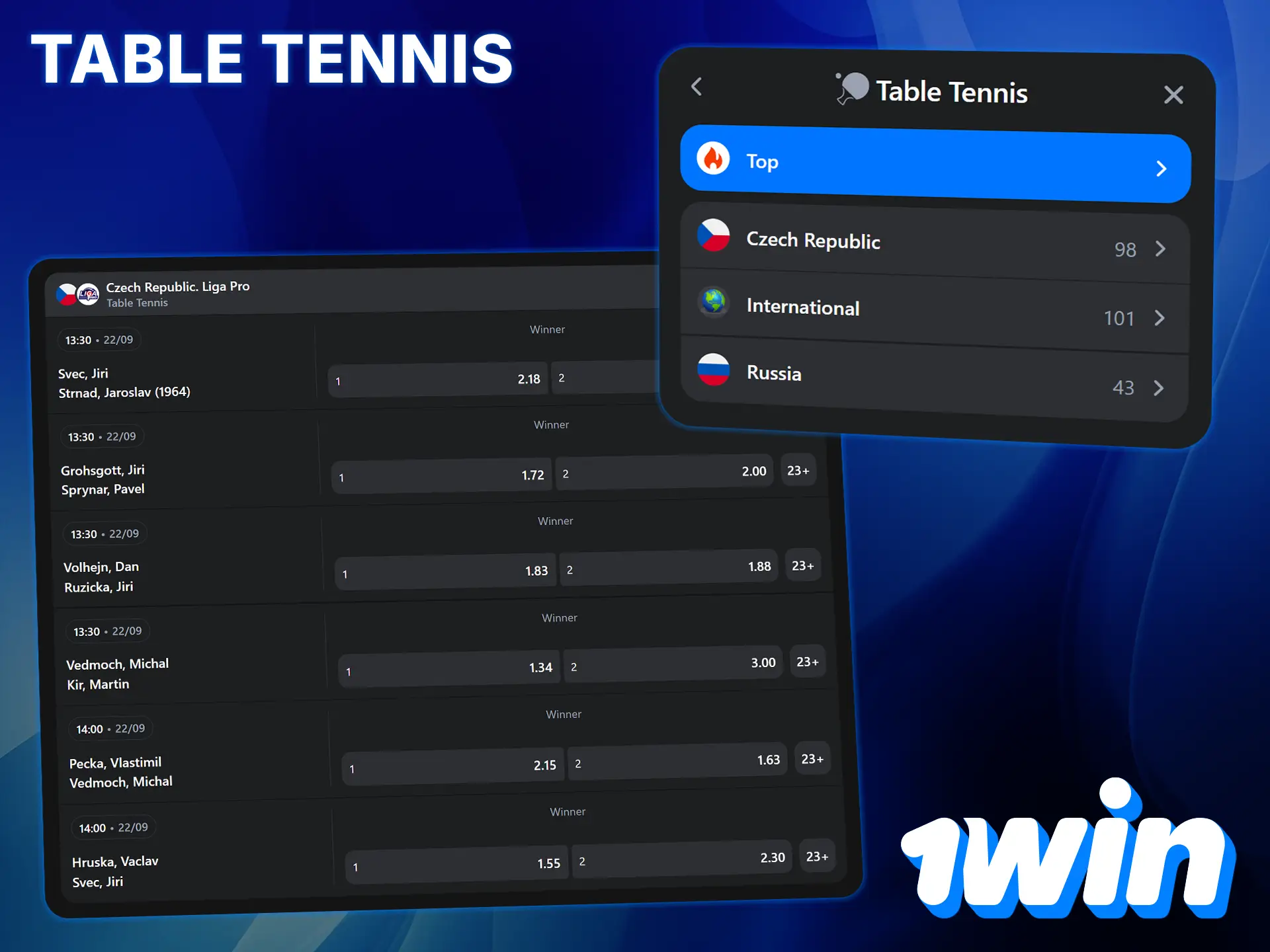 Place bets on daily table tennis matches at 1Win.