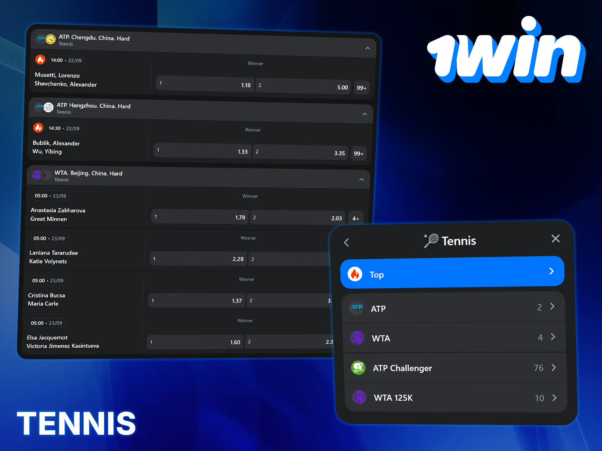 Place bets on major tennis tournaments at 1Win.