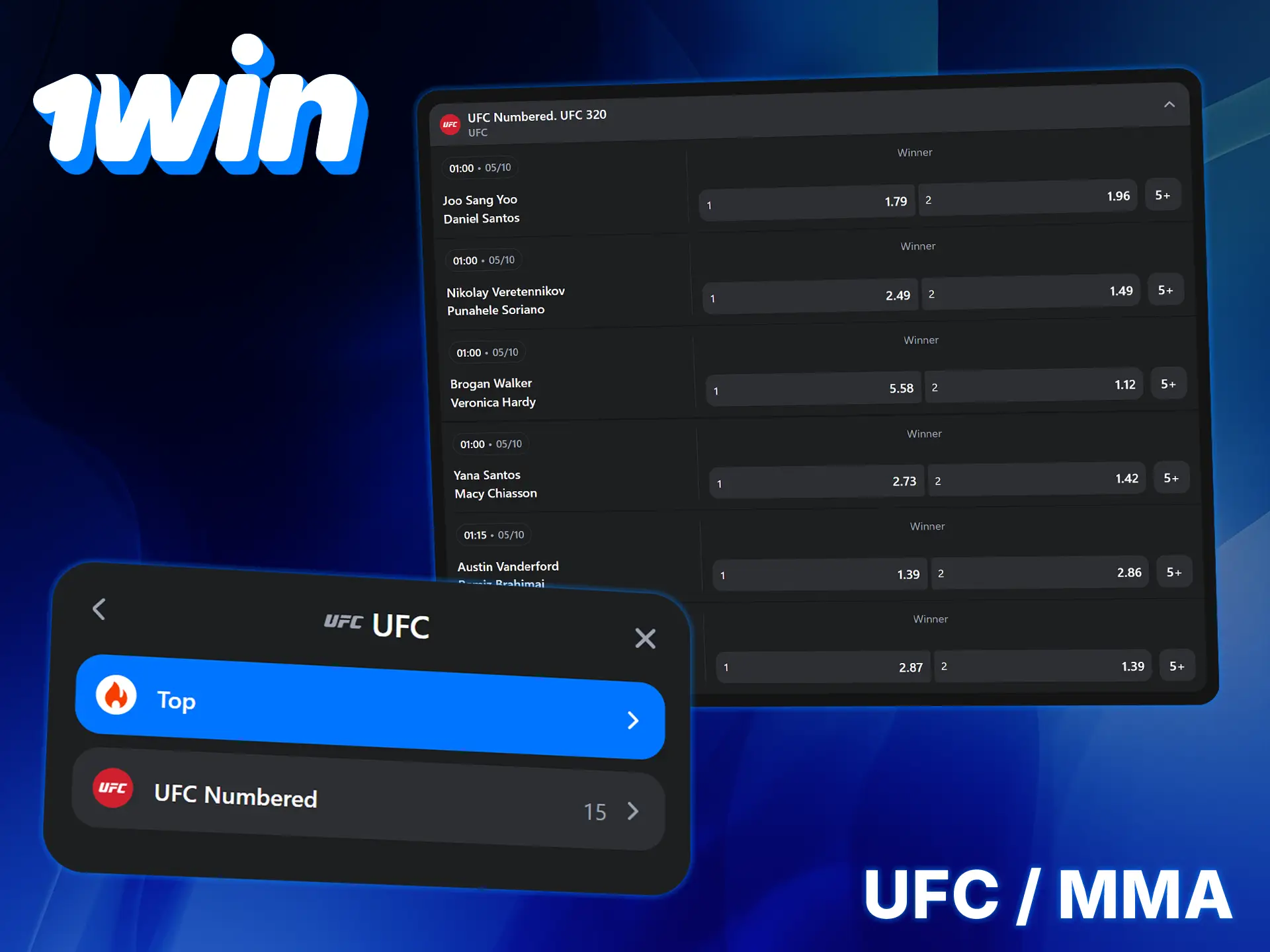 Bet on UFC Fight Nights and other tournaments at 1Win.