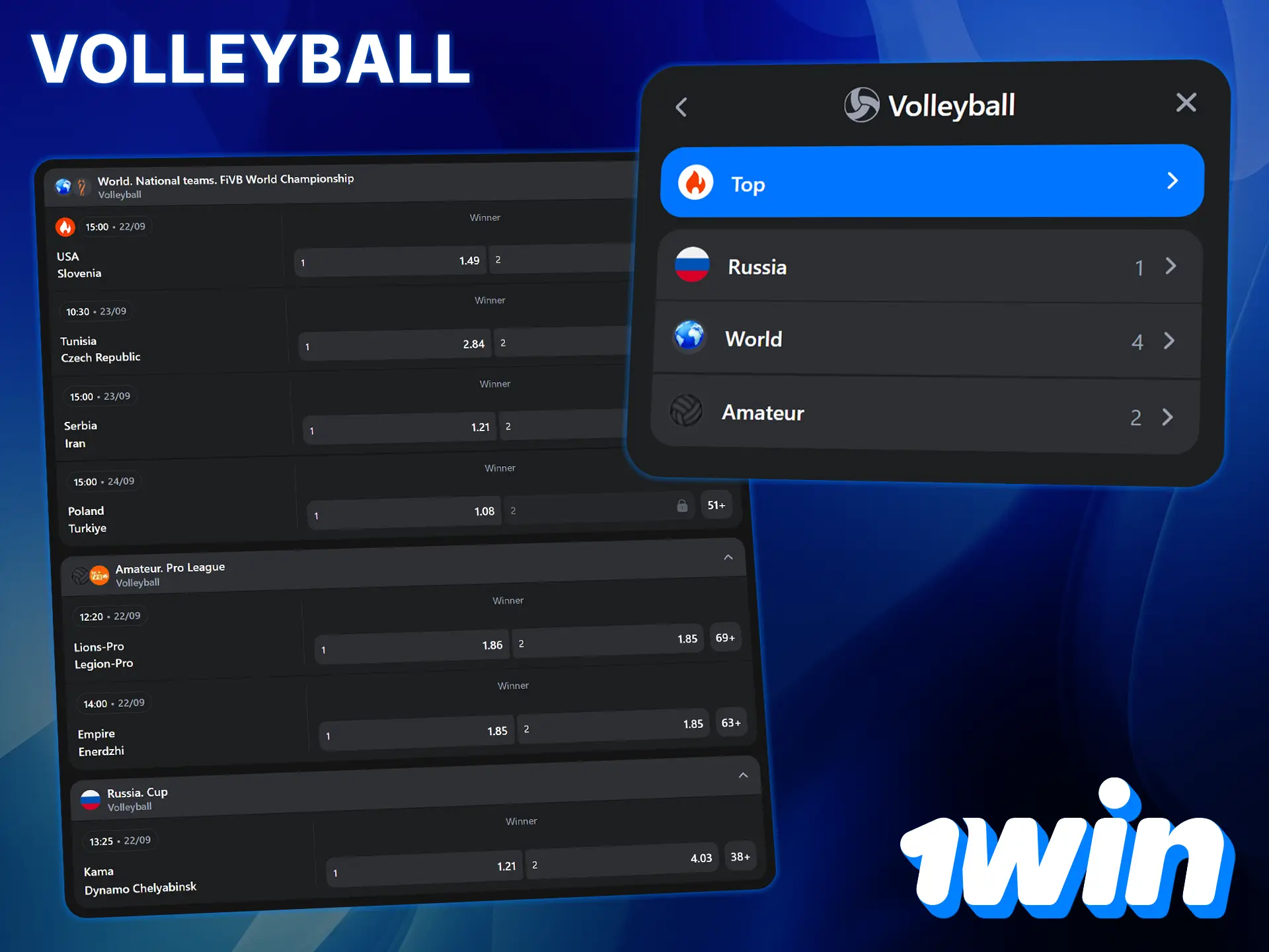 Place your bets on indoor and beach volleyball at 1Win.