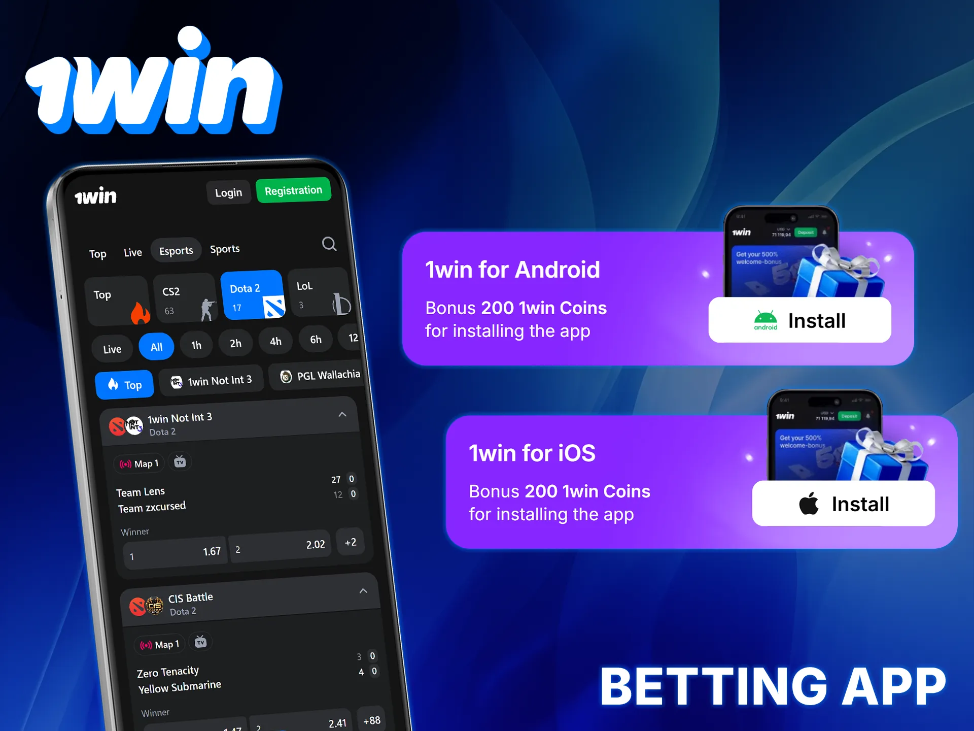 Place bets on Dota 2 from your mobile device using the 1win app for Android and iOS.