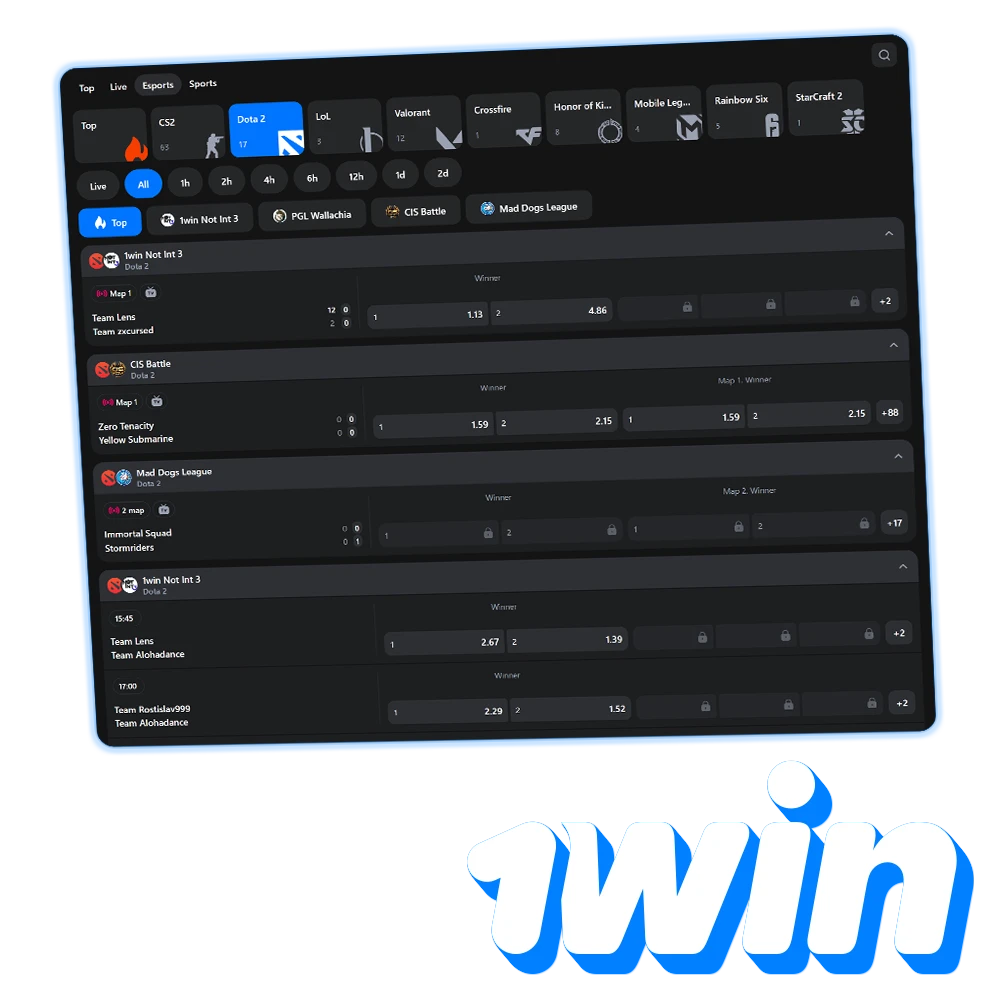 Bet on daily Dota 2 eSports events at 1win and claim a welcome bonus.