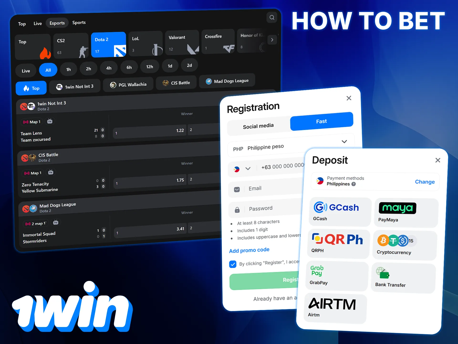 Create a 1win account, top up your balance, and start betting on Dota 2 matches.