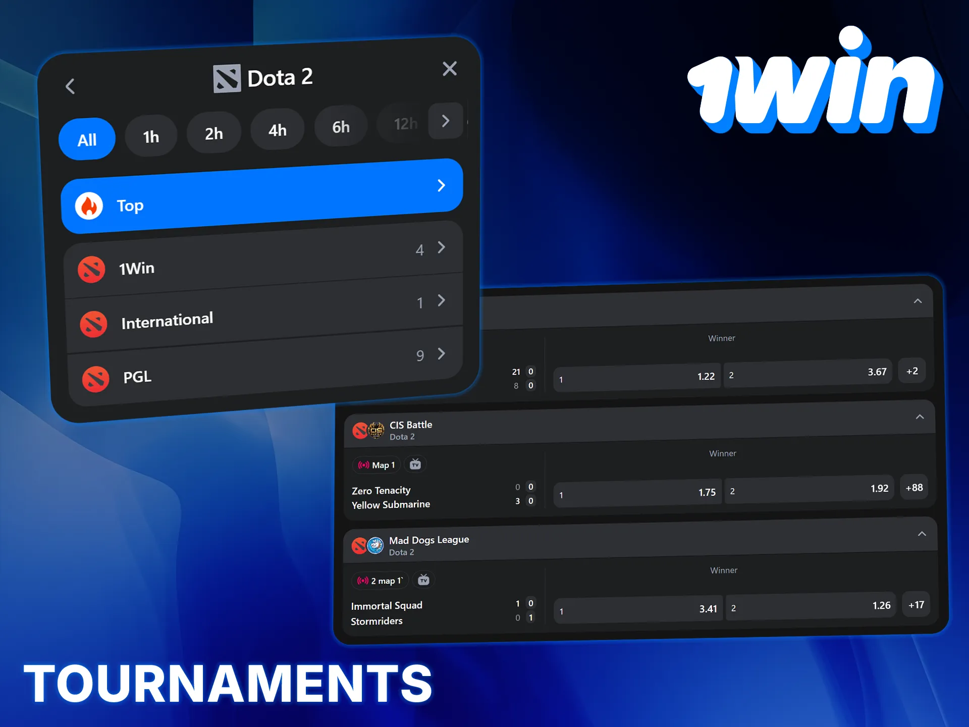 1win offers the most popular global tournaments and events for Dota 2.