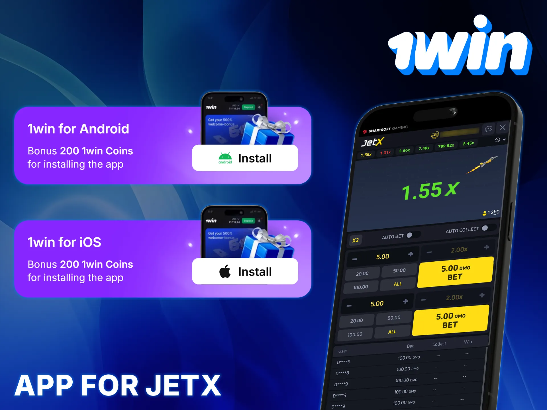 Play JetX on mobile devices in the 1win app, which is available for Android and iOS.