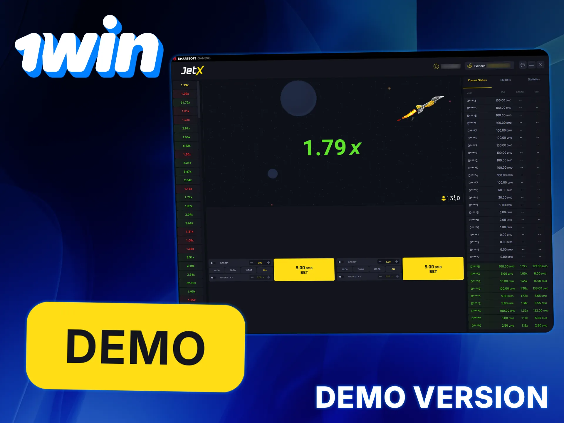 Try the JetX demo for free to learn timing and build strategies at 1win.