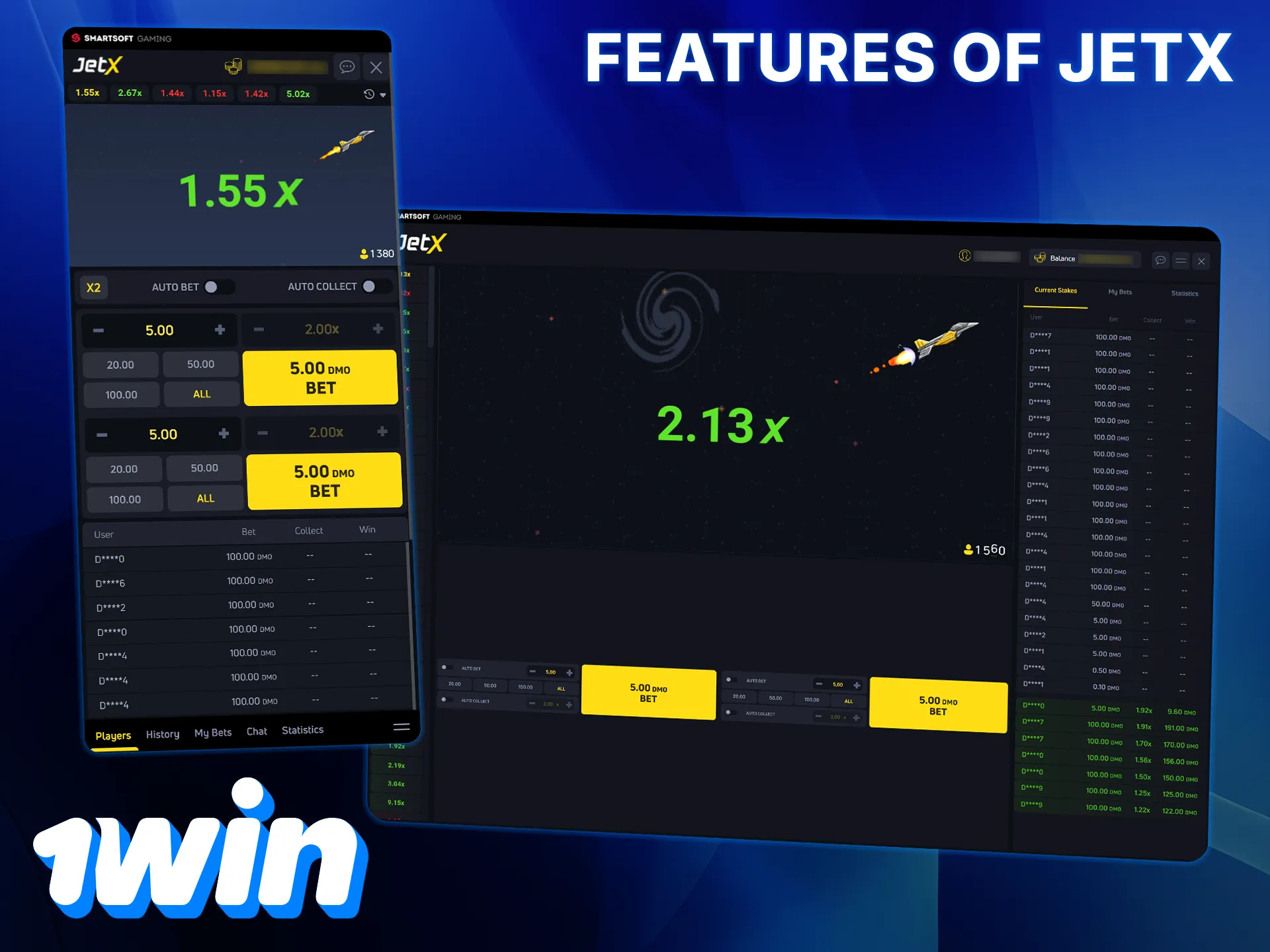 Keep an eye on the multiplier and withdraw your funds in time in the full and mobile versions of JetX on 1win.