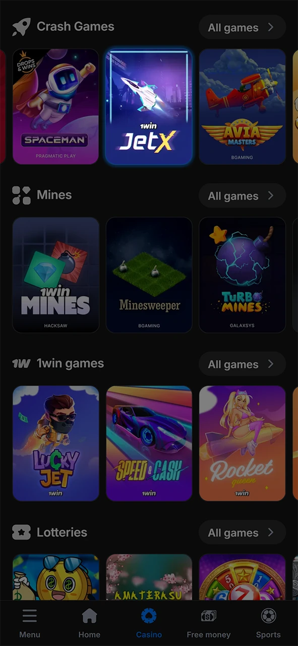 Find JetX at 1win Casino and start playing.