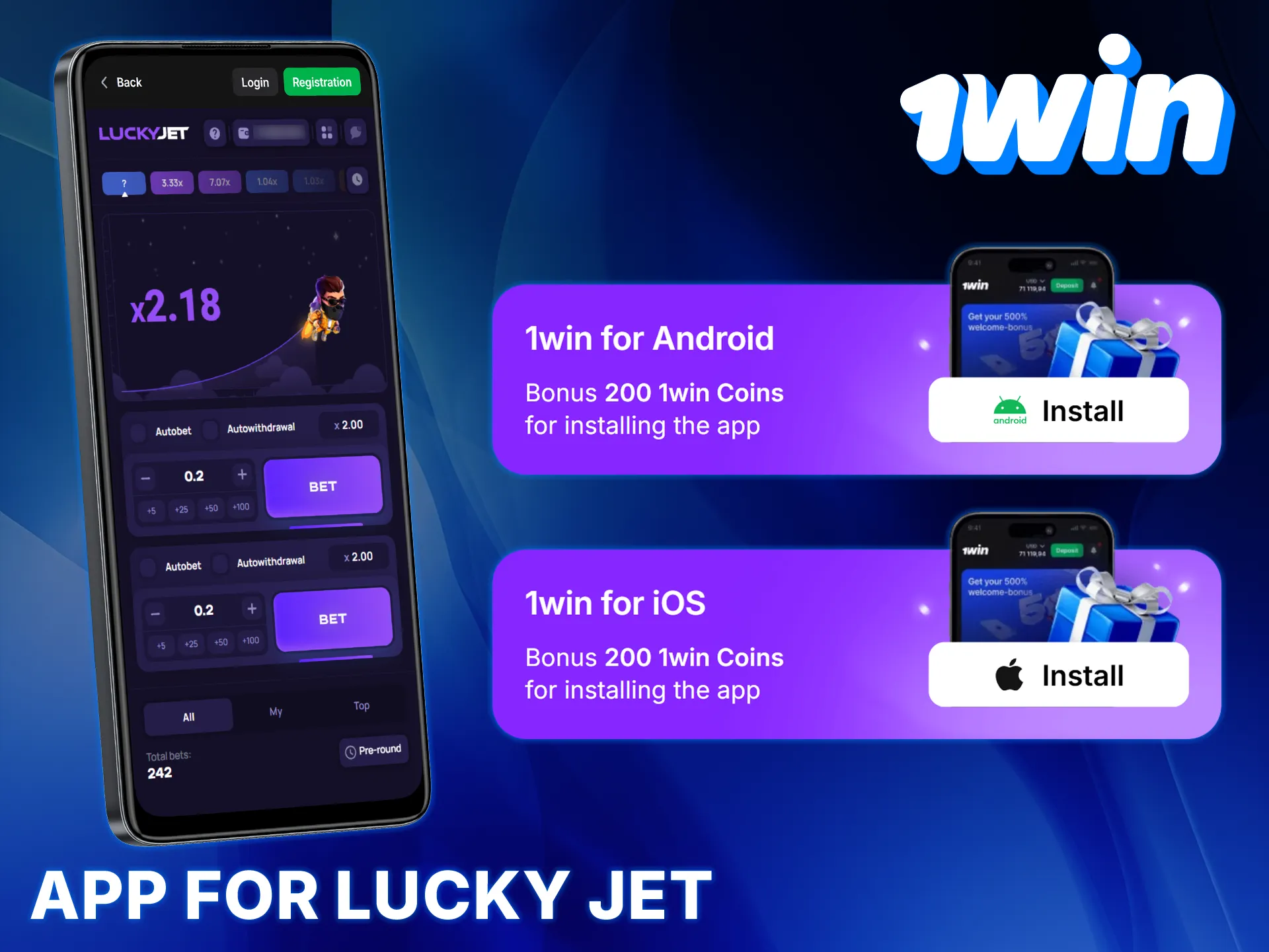 The 1win mobile app offers full access to Lucky Jet on Android and iOS.