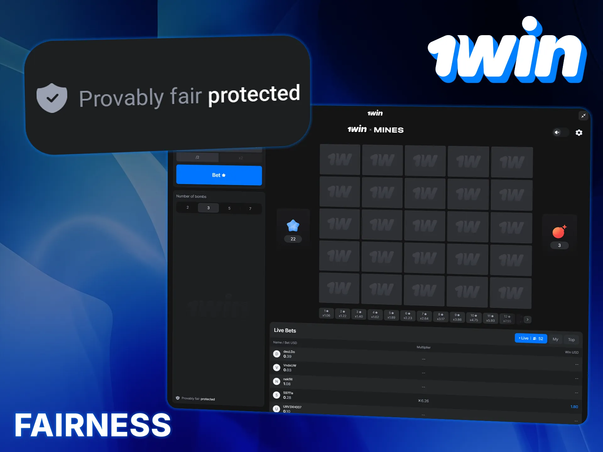 Provably Fair technology is used in 1win Mines to ensure fair play.