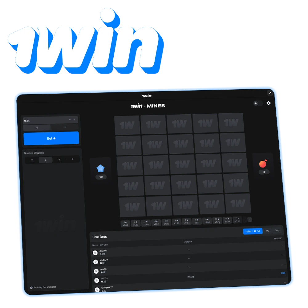 Open safe cells and avoid bombs to increase your multiplier in Mines at 1win.