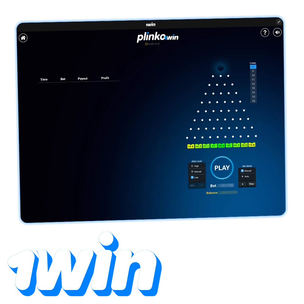 1win offers many Plinko versions where balls drop down a pin pyramid for multipliers.