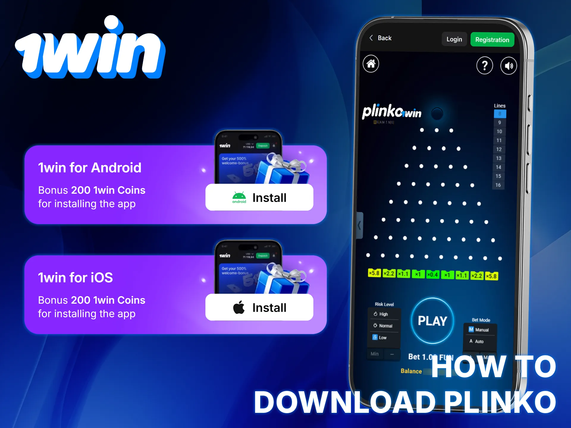 Download the 1win app for Android or iOS and start playing Plinko.
