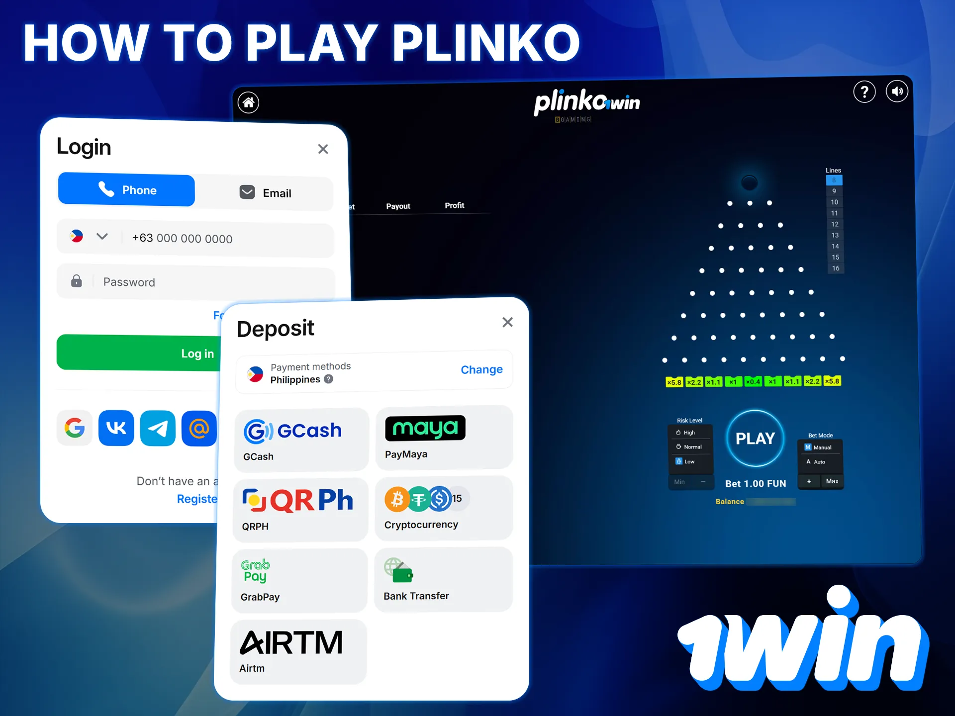 Create and top up your 1win account to start playing Plinko.