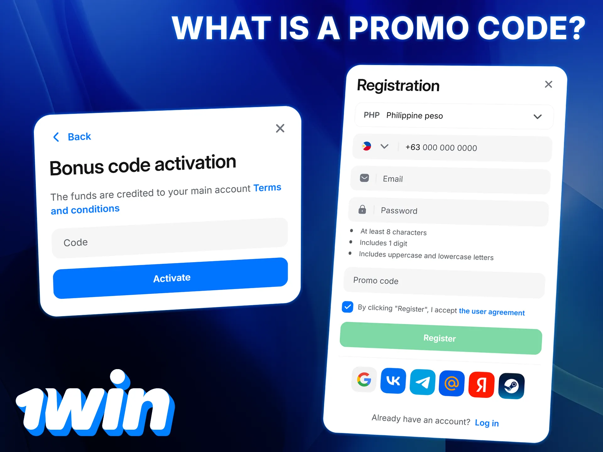 The promo code gives additional bonuses to new 1win users.