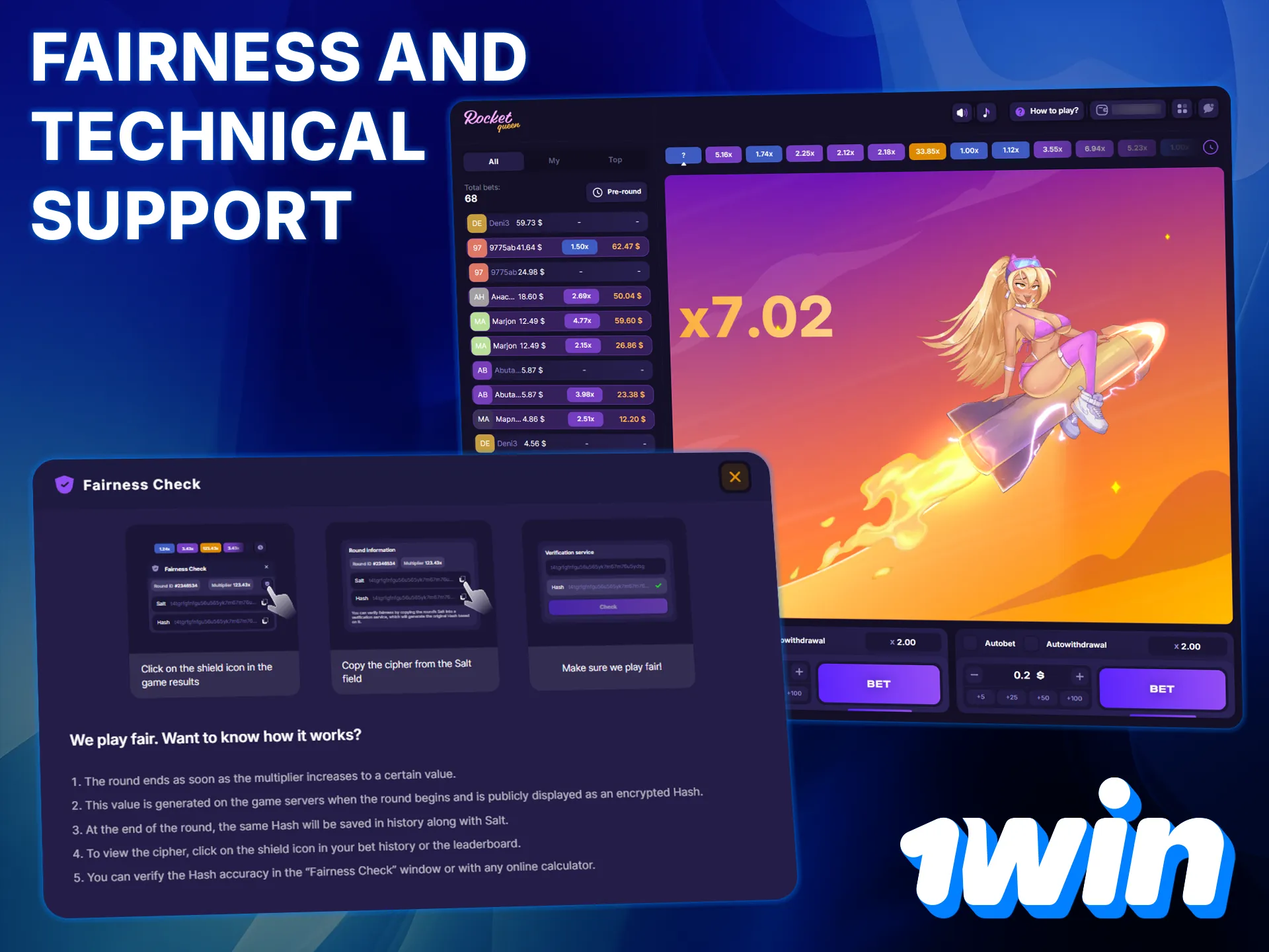 Rocket Queen at 1win guarantees security using Provably Fair technology.