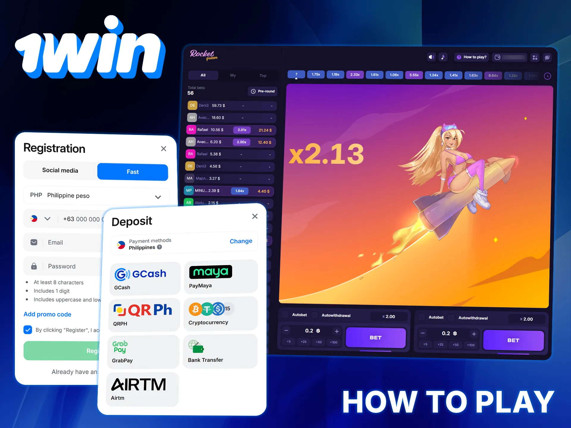Register on 1win, top up your account, and start playing Rocket Queen.