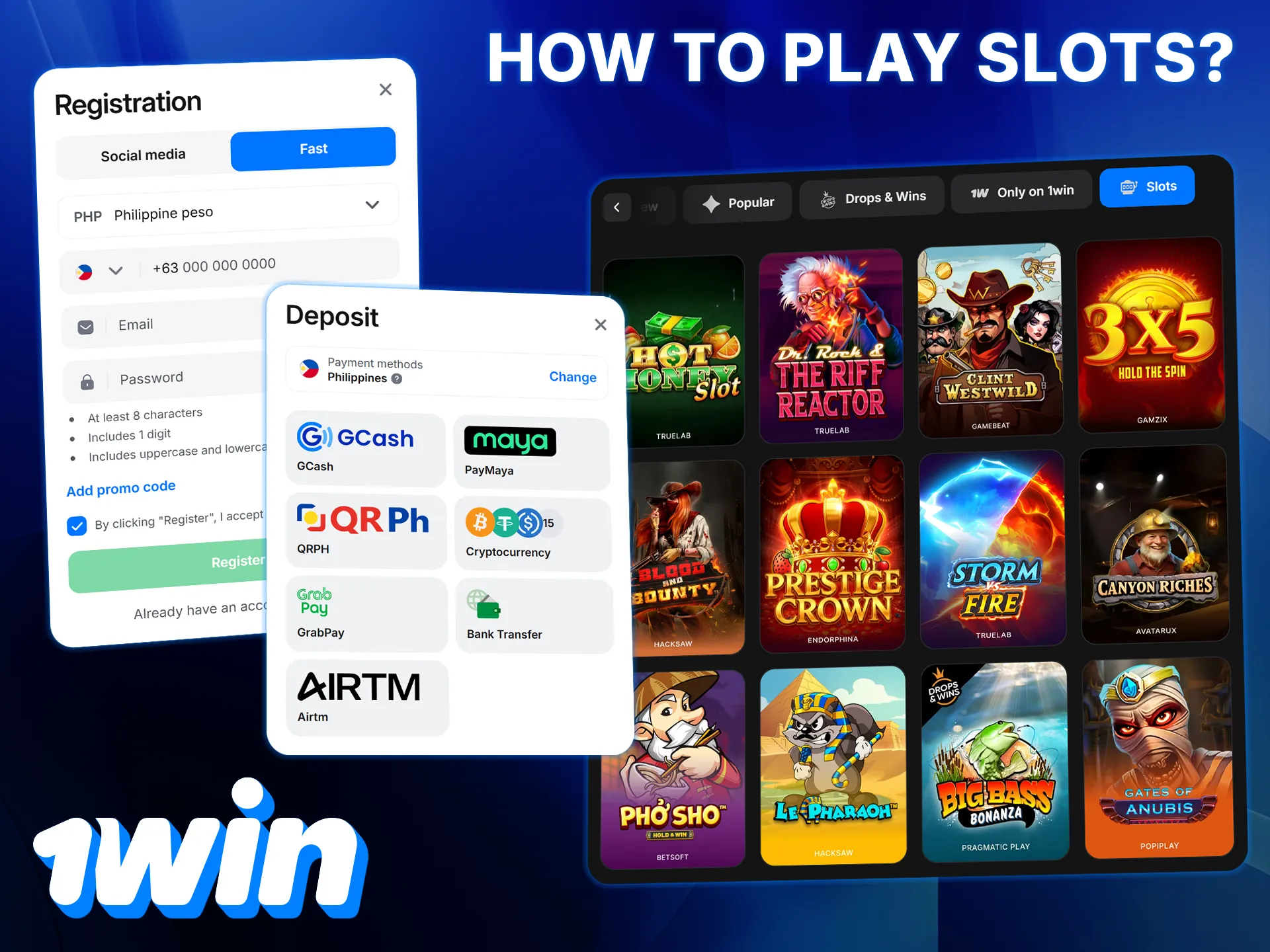 Create an account, top up your balance, and start playing slots at 1win.
