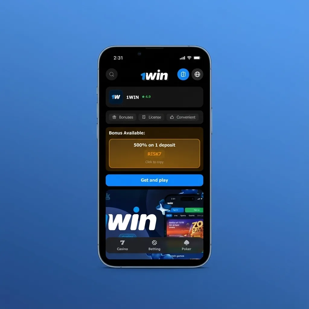 Smartphone screen showing 1win app with large buttons, clear menus, visible odds, bet slip, and wallet balance