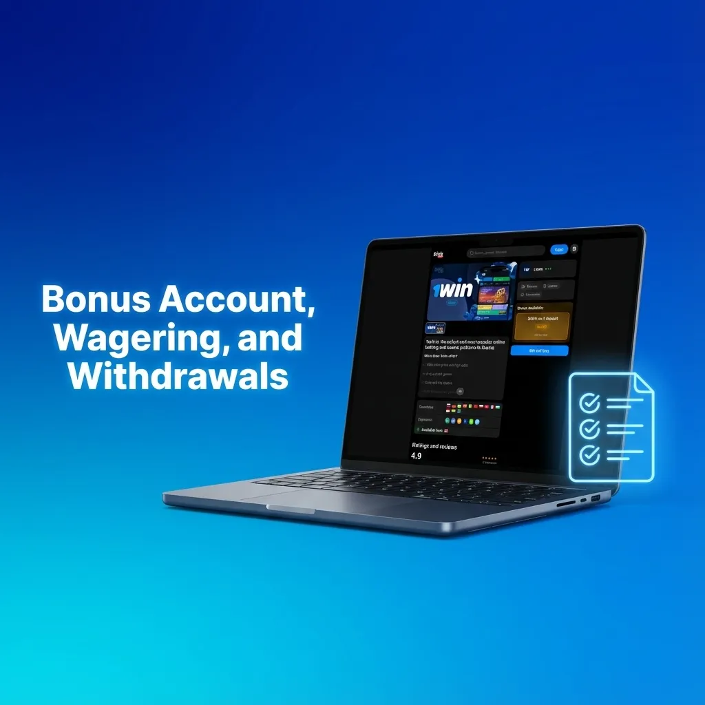 Diagram showing bonus and real accounts, wagering progress bar, and locked withdrawal icon for 1win welcome bonus.