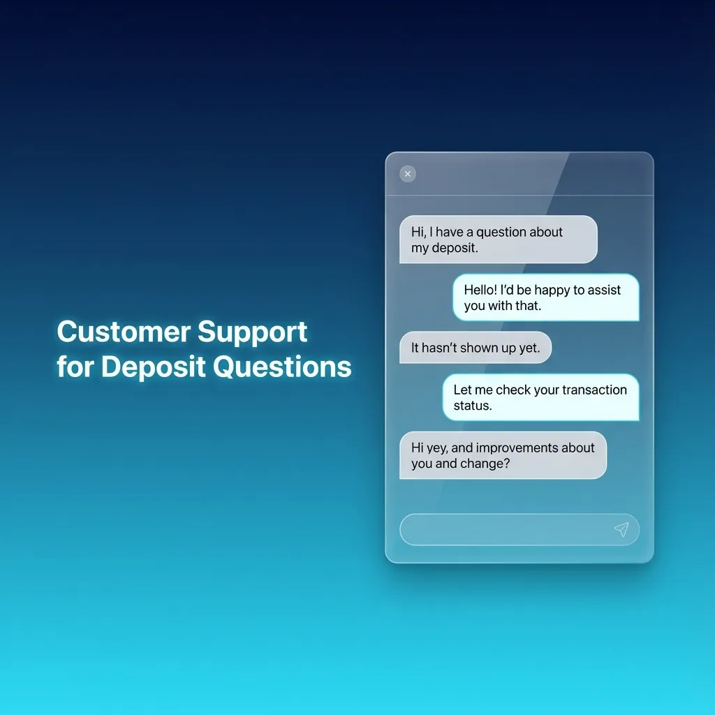 Illustration of a customer chatting online with support about deposit issues, with icons for email, phone, and messaging apps