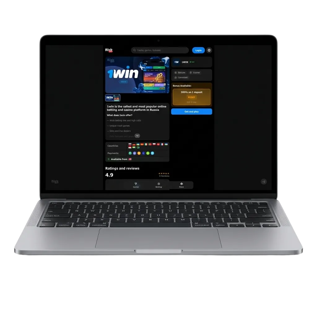 Laptop screen showing 1win desktop app promoting free casino and sports betting for Windows and macOS