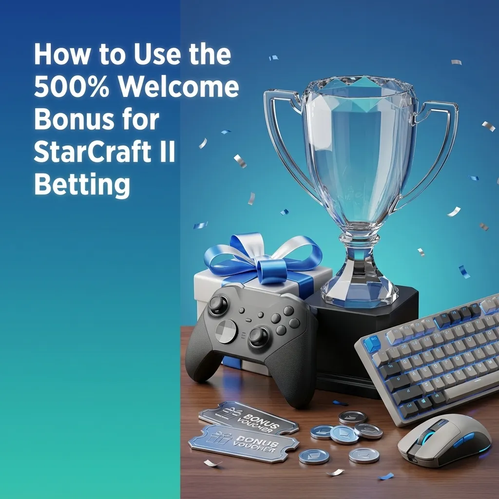 Banner for 1win 500% welcome bonus on StarCraft II betting for new Philippine players, with steps to claim and use the offer