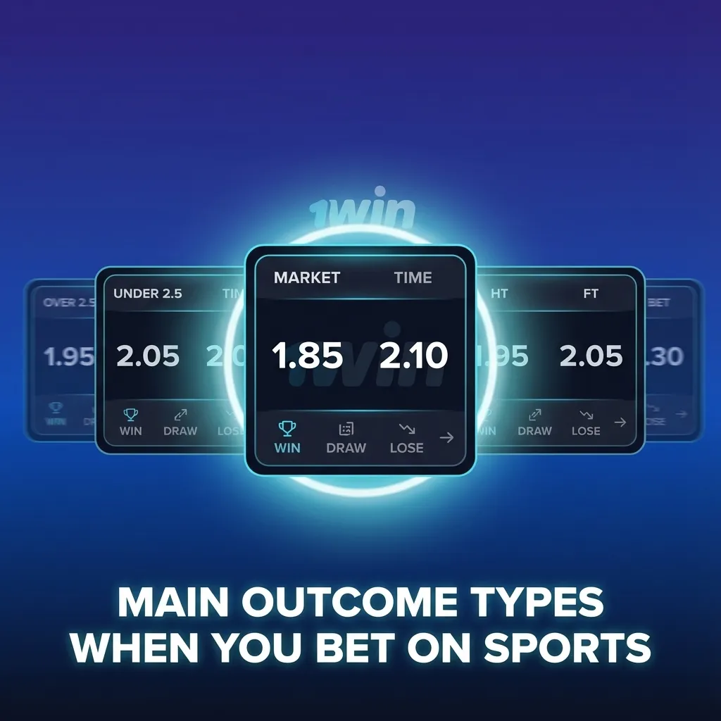 Infographic titled “Main outcome types when you bet on sports” with icons and brief summaries of five common betting markets.