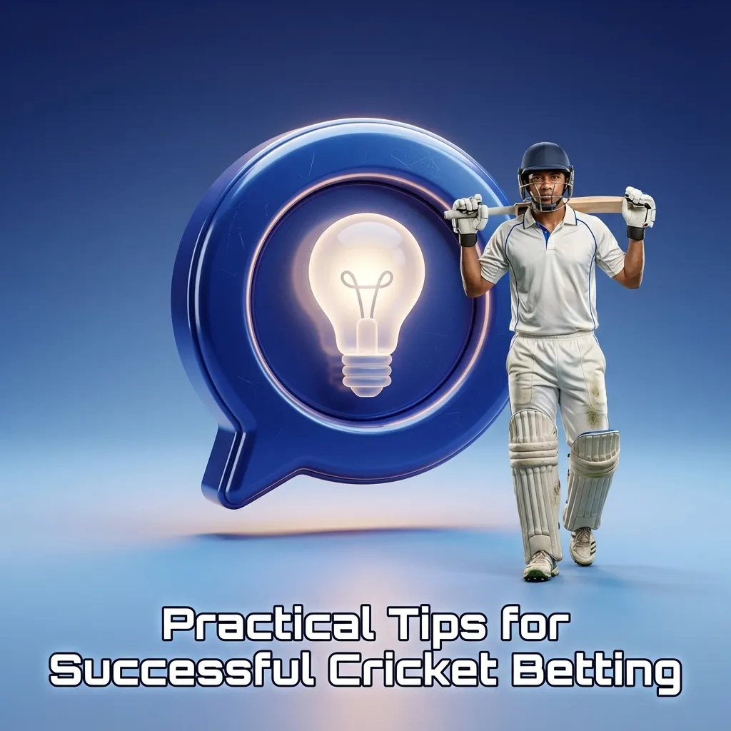 Infographic on practical cricket betting tips, featuring team form, pitch and weather, bankroll management, and live odds tools.