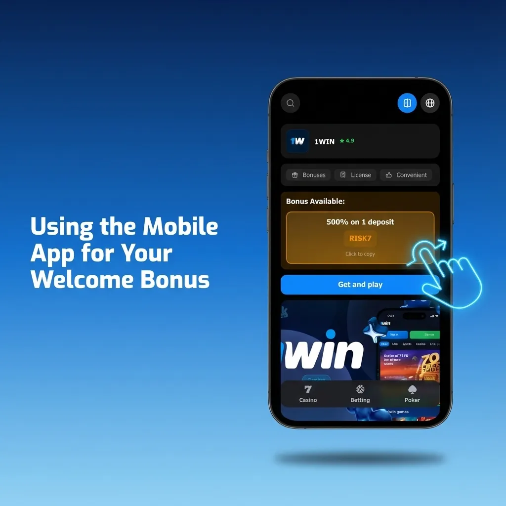 Person holding smartphone with 1win app open, showing welcome bonus and account controls on screen