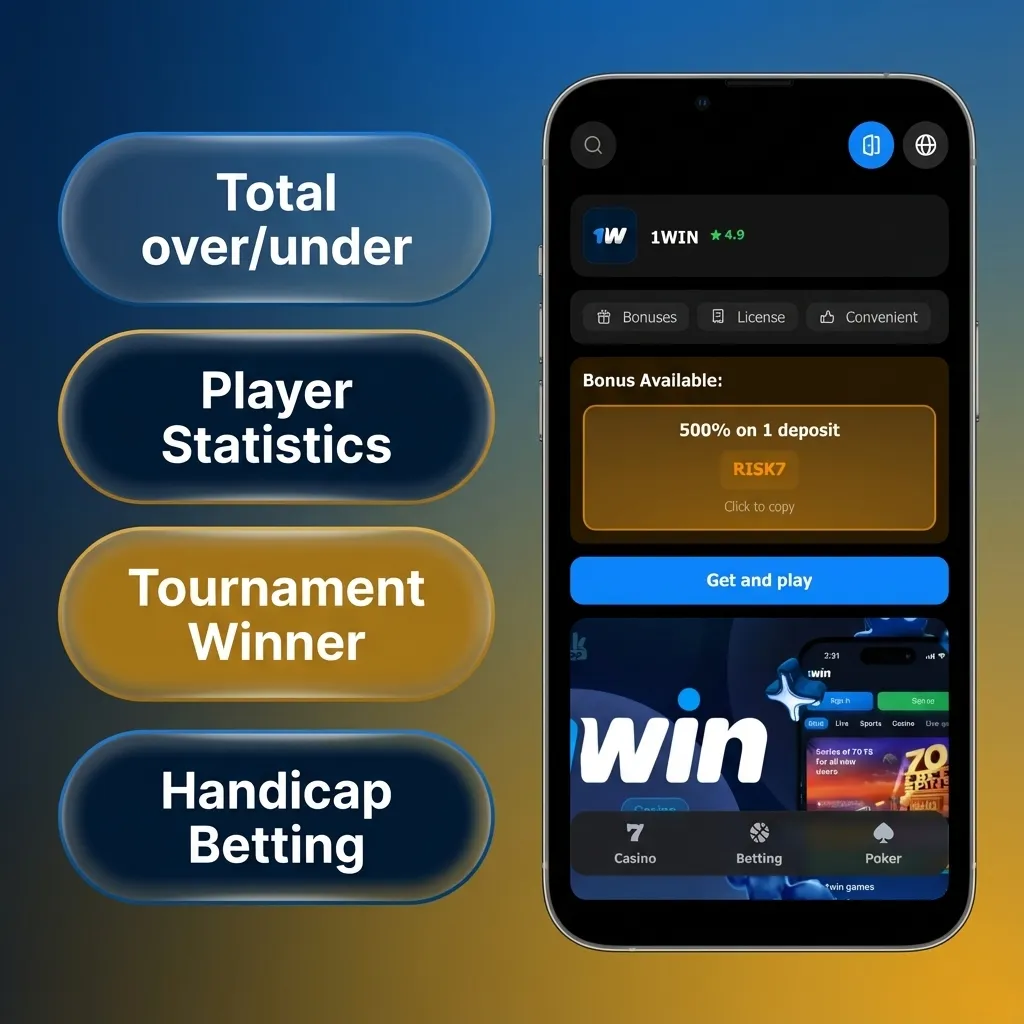 Illustration of 1win mobile app showing single, accumulator, system, live, and handicap betting options on a phone screen